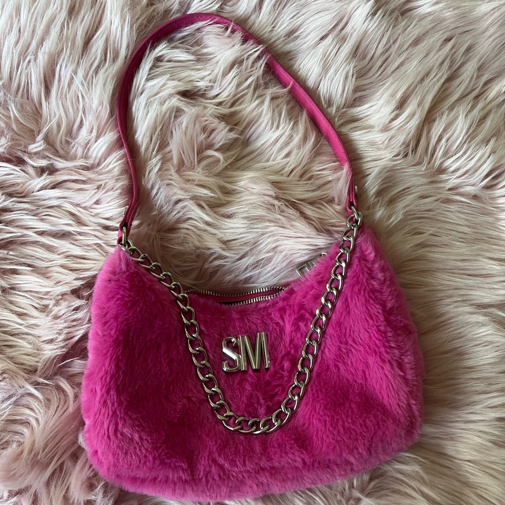Pink Fur Shoulder Bag with Chain Detail